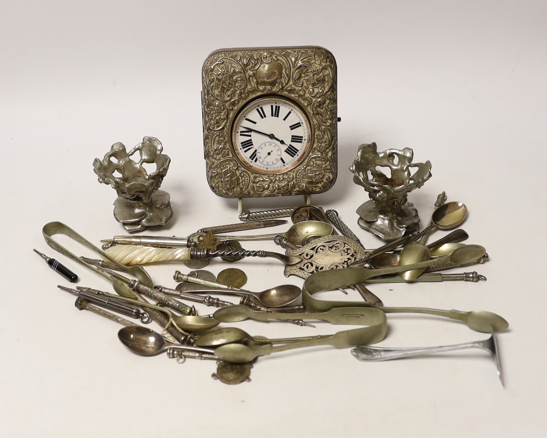 An Edwardian silver mounted travelling watch case, Birmingham, 1903, 11.4cm, and other items including plated flatware, coins and a group of propelling pencils including Sampson Mordan & Co, etc.